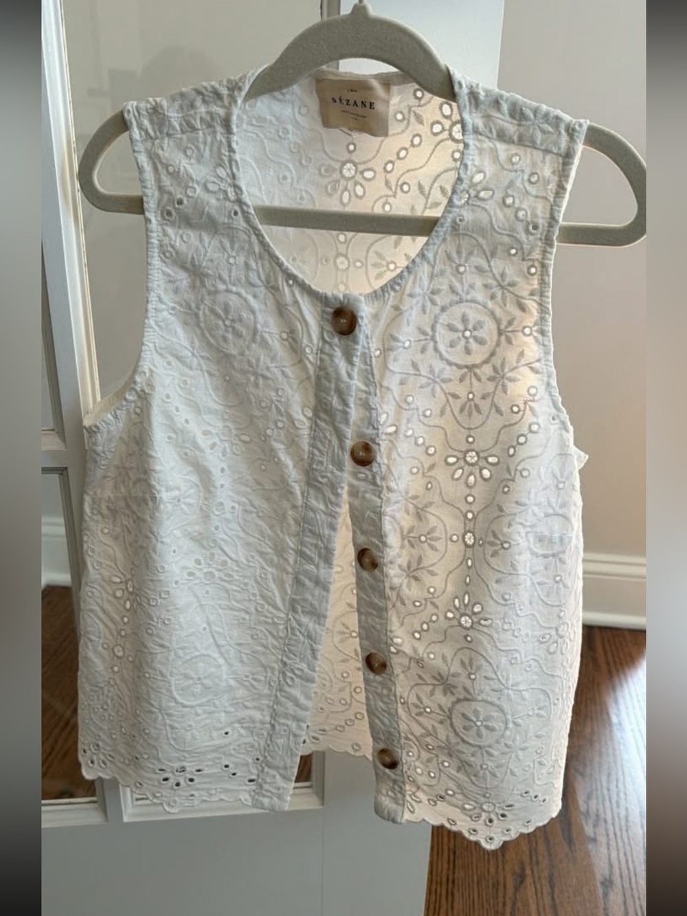 Sezane White Eyelet Sleeveless Button-Front Top